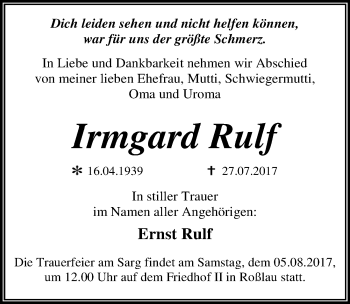 Traueranzeige von Irmgard Rulf von Mitteldeutsche Zeitung Dessau-Roßlau