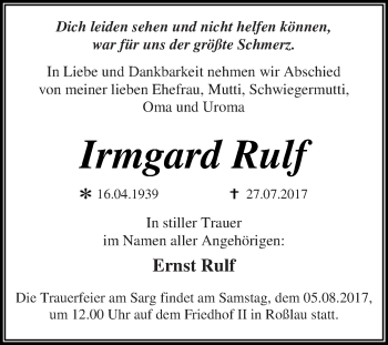 Traueranzeige von Irmgard Rulf von WVG - Wochenspiegel Dessau / Köthen