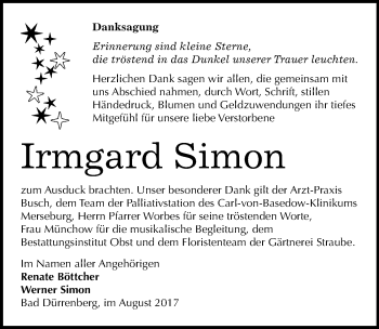 Traueranzeige von Irmgard Simon von Mitteldeutsche Zeitung Merseburg/Querfurt