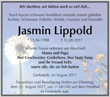 Traueranzeige von Jasmin Lippold von Super Sonntag SGH Mansf. Land