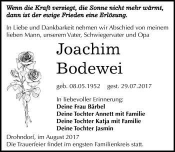 Traueranzeige von Joachim Bodewei von Mitteldeutsche Zeitung Aschersleben