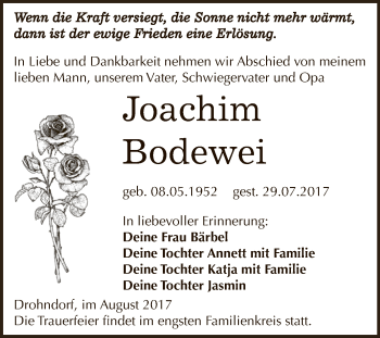 Traueranzeige von Joachim Bodewei von Super Sonntag Aschersleben