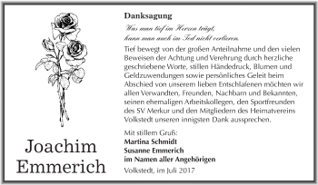 Traueranzeige von Joachim Emmerich von Wochenspiegel Mansfelder Land