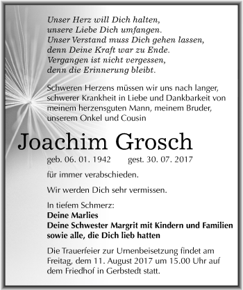 Traueranzeige von Joachim Grosch von Mitteldeutsche Zeitung Mansfelder Land