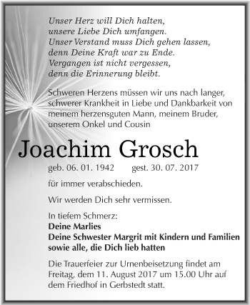Traueranzeige von Joachim Grosch von Super Sonntag SGH Mansf. Land