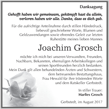 Traueranzeige von Joachim Grosch von Wochenspiegel Mansfelder Land