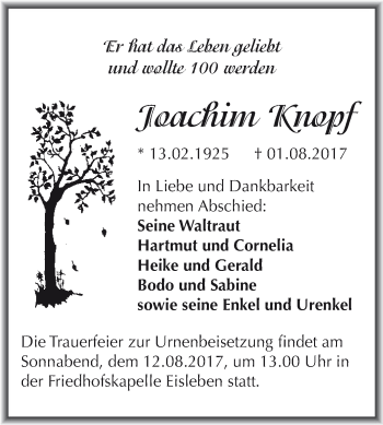 Traueranzeige von Joachim Knopf von Wochenspiegel Mansfelder Land