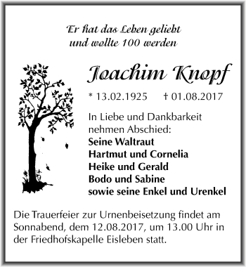 Traueranzeige von Joachim Knopf von Mitteldeutsche Zeitung Mansfelder Land