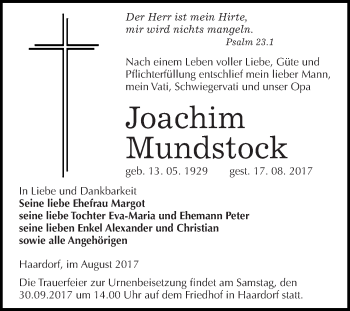 Traueranzeige von Joachim Mundstock von Super Sonntag Zeitz