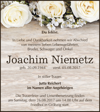 Traueranzeige von Joachim Niemetz von WVG - Wochenspiegel Dessau / Köthen