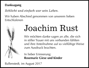 Traueranzeige von Joachim Rust von Mitteldeutsche Zeitung Quedlinburg