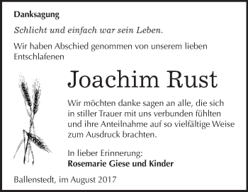 Traueranzeige von Joachim Rust von WVG - Wochenspiegel Quedlinburg