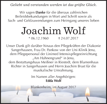 Traueranzeige von Joachim Wolf von Mitteldeutsche Zeitung Sangerhausen