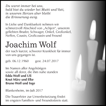 Traueranzeige von Joachim Wolf von Super Sonntag SGH Mansf. Land