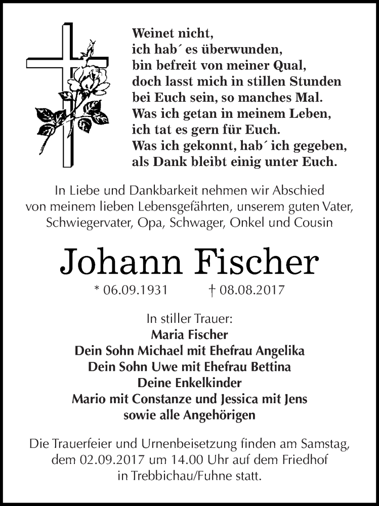  Traueranzeige für Johann Fischer vom 19.08.2017 aus WVG - Wochenspiegel Dessau / Köthen