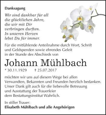 Traueranzeige von Johann Mühlbach von Mitteldeutsche Zeitung Mansfelder Land