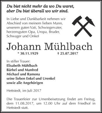 Traueranzeige von Johann Mühlbach von Wochenspiegel Mansfelder Land