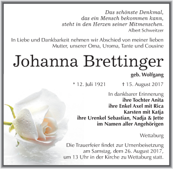 Traueranzeige von Johanna Brettinger von Mitteldeutsche Zeitung Naumburg/Nebra