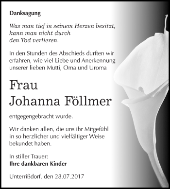 Traueranzeige von Johanna Föllmer von Wochenspiegel Mansfelder Land