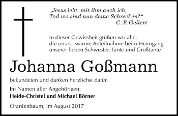 Traueranzeige von Johanna Goßmann von Mitteldeutsche Zeitung Wittenberg