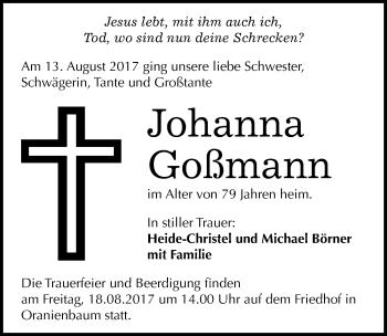 Traueranzeige von Johanna Goßmann von Mitteldeutsche Zeitung Wittenberg