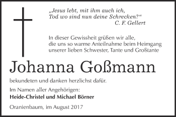 Traueranzeige von Johanna Goßmann von Super Sonntag Wittenberg