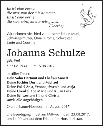 Traueranzeige von Johanna Schulze von WVG - Wochenspiegel Wittenberg