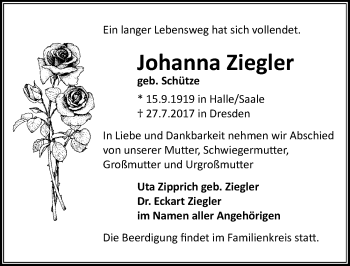 Traueranzeige von Johanna Ziegler von Mitteldeutsche Zeitung Halle/Saalkreis