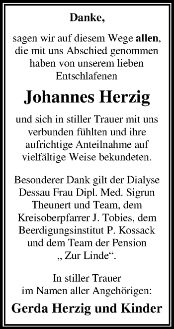 Traueranzeige von Johannes Herzig von Mitteldeutsche Zeitung Dessau-Roßlau