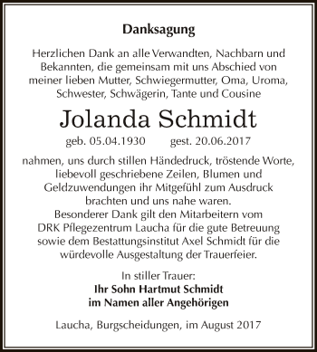 Traueranzeige von Jolanda Schmidt von WVG - Wochenspiegel NMB / WSF / ZTZ