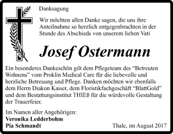 Traueranzeige von Josef Ostermann von Super Sonntag Quedlinburg