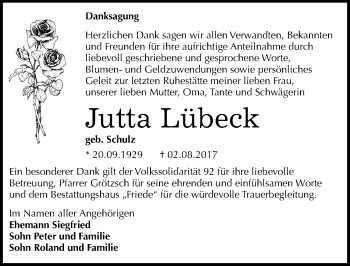 Traueranzeige von Jutta Lübeck von Mitteldeutsche Zeitung Dessau-Roßlau