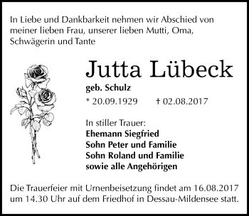 Traueranzeige von Jutta Lübeck von Mitteldeutsche Zeitung Dessau-Roßlau