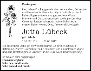 Traueranzeige von Jutta Lübeck von WVG - Wochenspiegel Dessau / Köthen