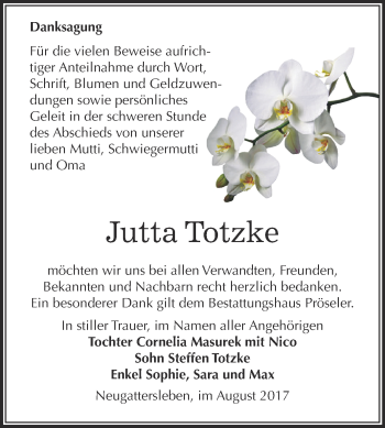 Traueranzeige von Jutta Totzke von Super Sonntag Bernburg