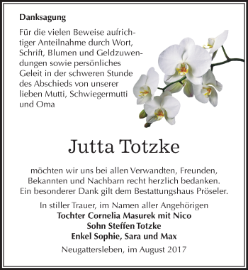 Traueranzeige von Jutta Totzke von Mitteldeutsche Zeitung Bernburg