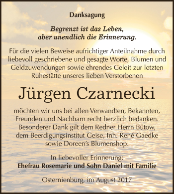 Traueranzeige von Jürgen Czarnecki von WVG - Wochenspiegel Dessau / Köthen