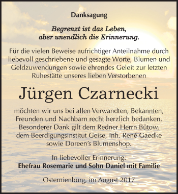 Traueranzeige von Jürgen Czarnecki von Mitteldeutsche Zeitung Köthen