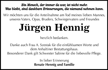 Traueranzeige von Jürgen Hennig von Mitteldeutsche Zeitung Dessau-Roßlau