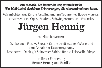 Traueranzeige von Jürgen Hennig von WVG - Wochenspiegel Dessau / Köthen