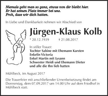 Traueranzeige von Jürgen-Klaus Kolb von WVG - Wochenspiegel Bitterfeld
