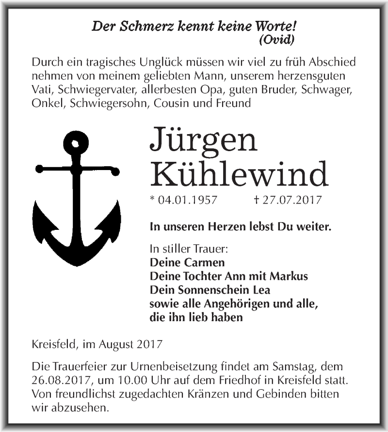  Traueranzeige für Jürgen Kühlewind vom 19.08.2017 aus Super Sonntag SGH Mansf. Land