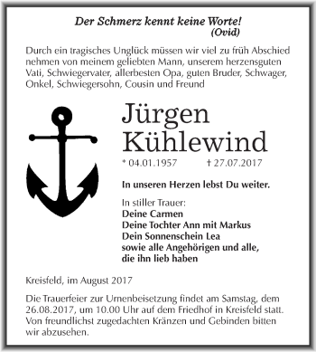 Traueranzeige von Jürgen Kühlewind von Super Sonntag SGH Mansf. Land