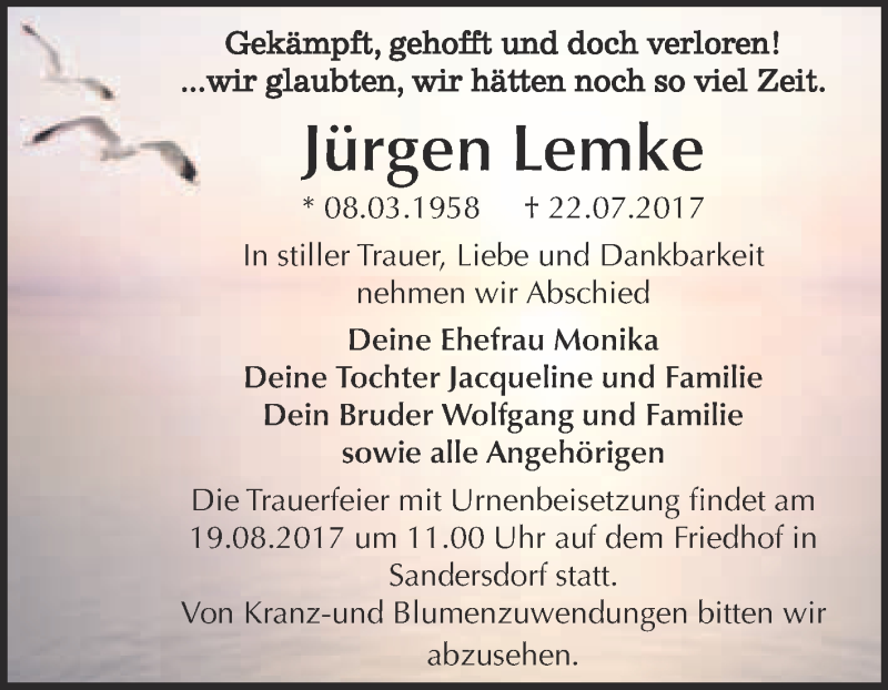  Traueranzeige für Jürgen Lemke vom 02.08.2017 aus WVG - Wochenspiegel Bitterfeld