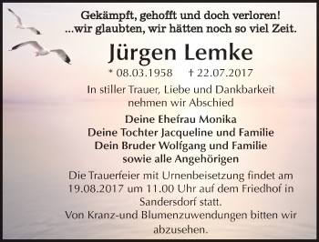 Traueranzeige von Jürgen Lemke von Mitteldeutsche Zeitung Bitterfeld