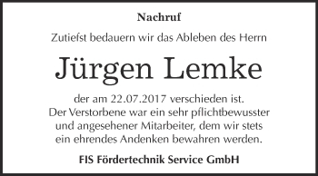 Traueranzeige von Jürgen Lemke von WVG - Wochenspiegel Bitterfeld