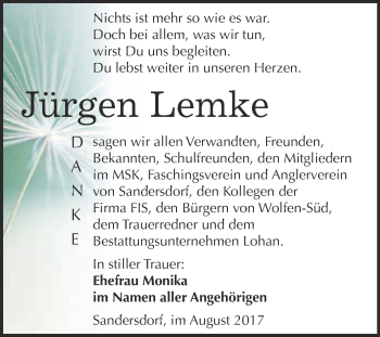 Traueranzeige von Jürgen Lemke von WVG - Wochenspiegel Bitterfeld