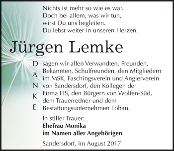 Traueranzeige von Jürgen Lemke von Mitteldeutsche Zeitung Bitterfeld
