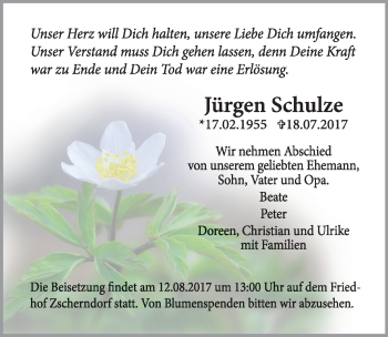 Traueranzeige von Jürgen Schnulze von Mitteldeutsche Zeitung Bitterfeld