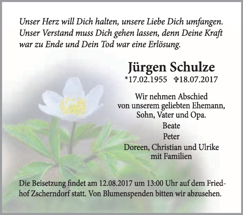  Traueranzeige für Jürgen Schulze vom 09.08.2017 aus WVG - Wochenspiegel Bitterfeld